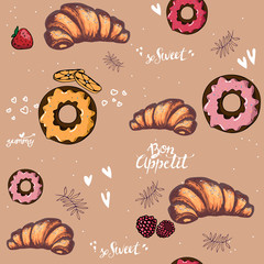 Sketch croissant donuts doodles on pastel background seamless pattern. background with french croissant. Sweet bakery. Coffee shop. Loaf store, bread house.