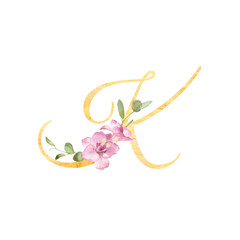 Golden Letter K decorated with watercolor freesia flower and greenery