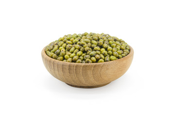 Mung beans in wood bowl isolated on white background with clipping path.