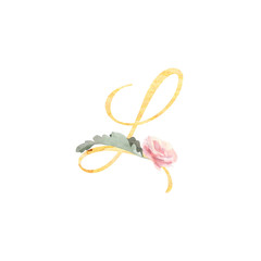 Golden letter L decorated with pink watercolor peony and greenery - 278998747