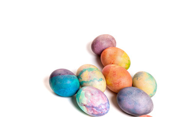 Group of easter painted eggs on white background