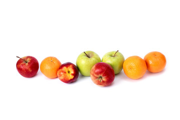 Red and green apples on a white background. Green and red juicy apples on an isolated background. A group of ripe apples on a white background.