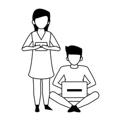 couple using technology devices cartoon in black and white