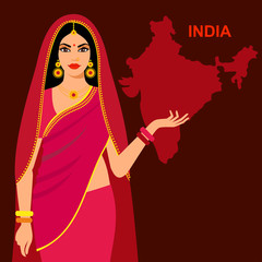 beautiful girl in national dress on a background map of India.  An Indian woman wearing a traditional. Indian Lady Greeting