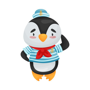 Cute penguin sailor. Vector illustration on white background.