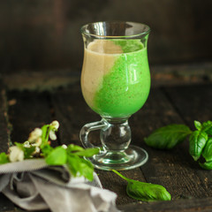 Smoothie, banana, avocado, chia seeds and more are healthy food concept. food background. top view