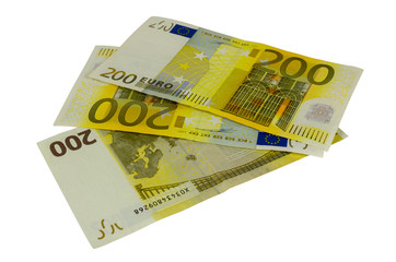 Two hundred Euros banknotes isolated on a white background