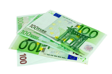 Obraz na płótnie Canvas One hundred Euros banknotes isolated on a white background