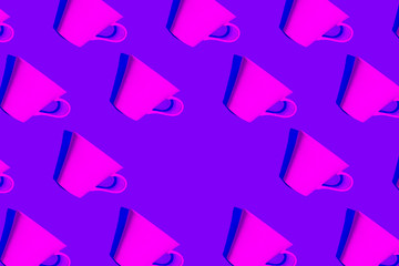 Coffee pattern of pink cup for coffee on bright blue background. Pop art minimal flat lay style design, creative concept. Top view. Copy space. Banner. 3D illustration.