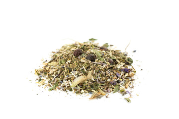 Dry herbal tea mix isolated on white