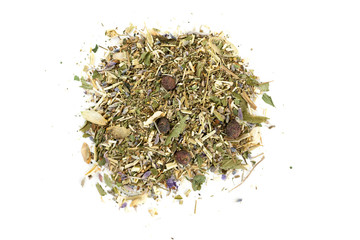 Dry herbal tea mix isolated on white, top view