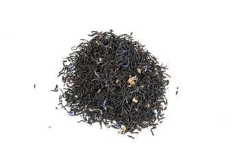 Dry black tea with blue flowers leaves isolated on white, top view