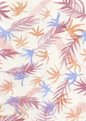 Watercolor pattern on a white background from the plant elements of tropical leaves with color overlay for packaging design, background and other types of design