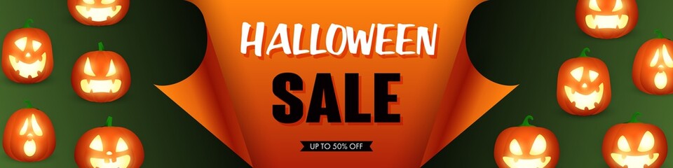 Halloween sale template design with pumpkins. Text sample on orange paper with jack o lanterns over green background. Halloween concept. Vector illustration can be used for banners, posters, brochures
