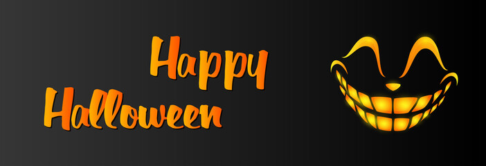 Happy Halloween greeting card design template with orange smile on black background. Halloween concept. Vector illustration can be used for banner, poster, brochure