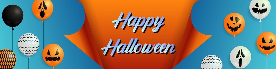 Happy Halloween greeting card template with balloons. Text sample on orange paper with ghost balloons on blue background. Halloween concept. Vector illustration can be used for banner, flyer, brochure