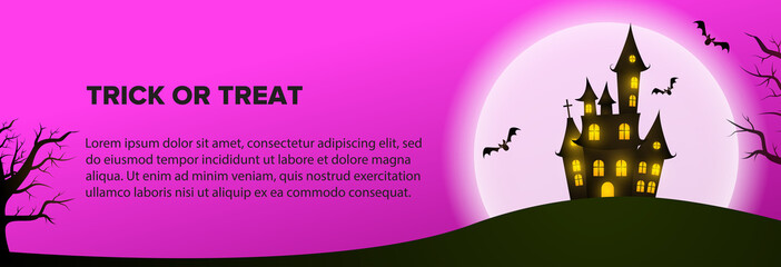 Trick or treat text with house and bats against moon on purple background. Halloween greeting card. Vector illustration can be used for banner, poster, flyer