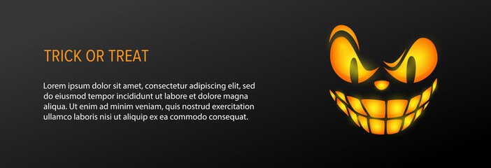 Trick or treat text with orange grinning face on black background. Halloween greeting card. Vector illustration can be used for banner, poster, brochure