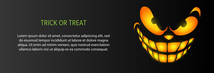 Trick or treat text with ominous smiling face on gray background. Halloween concept. Vector illustration can be used for banner, poster, flyer