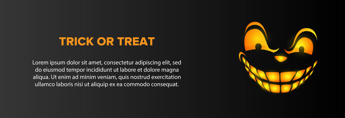 Trick or treat text with sneering face on black background. Halloween concept. Vector illustration can be used for banner, poster, flyer
