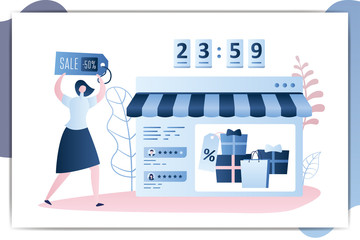 Shop storefront with shopping bags and gifts,counter with 24 hours discount