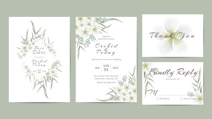 Fototapeta na wymiar White floral wedding invitation template set
