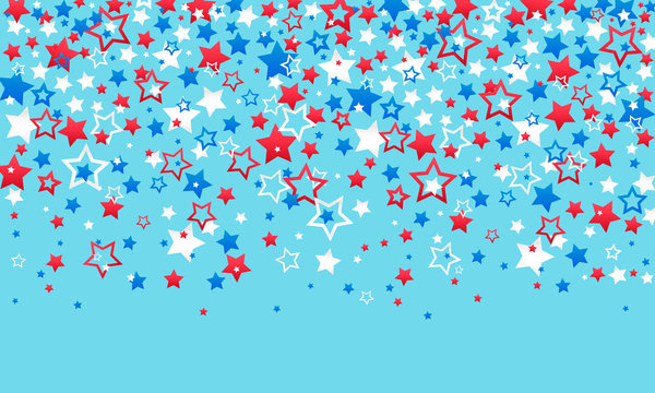 July 4th Independence Day of America. Red blue and white stars decorations of confetti and serpentine on a blue background.