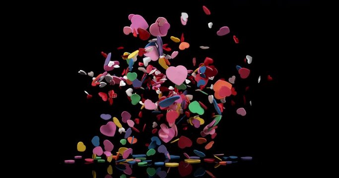 Hearts for Valentine's Day Party Exploding on Black Background, Slow Motion 4K
