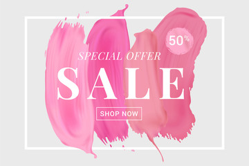 Vector sale banner with text on lipstick stokes background. Good for salons, beauty shops.