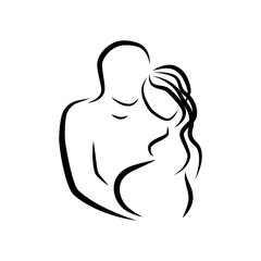 Married couple. Couple love. Birth of a child symbols. Human male person sign. Husband with pregnant wife icon. Thin line for web and mobile.