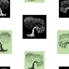 Seamless background of outlines of stylized decorative trees