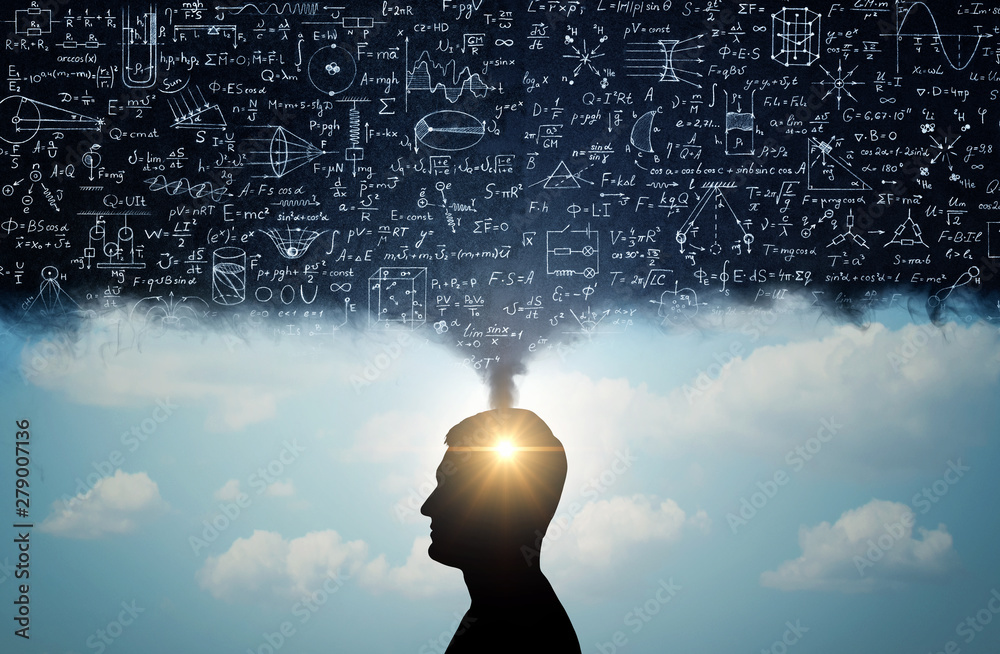 Sticker silhouette of a man, with thoughts in the form of physico-mathematical formulas. the concept of scie