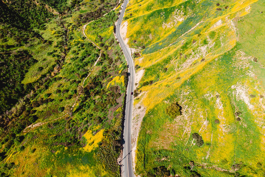 Aerial view of empty road through green landscape