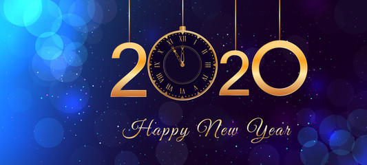 Happy New Year 2020 text design with hanging shiny golden numbers and vintage clock on abstract blue background with bokeh effect and glitter. Holiday banner, poster, card or invitation template
