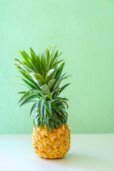 Ananas on white wooden table over neo mint background. Tropical summer vacation and beach party.