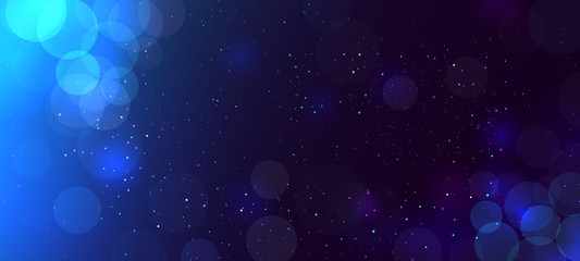 Abstract defocused glitter bokeh light background with circles. Modern beautiful Christmas and New Year holiday background with sparks. Copy space