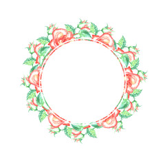 Romantic wreath with red roses and green leafs. Handdrawn artwork