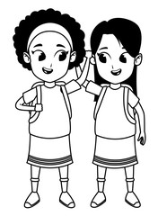 childhood adorable students girls cartoon in black and white