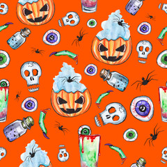 Happy Halloween pattern. Hand drawn, watercolor, halloween background, pumpkins, poison bottles, skulls, spiders. Design for halloween party, gift paper, wallpaper, covering design, textile.