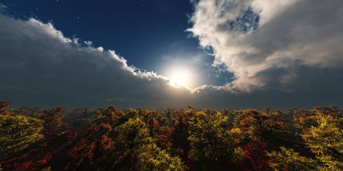 Storm clouds over the autumn forest at sunset, 3d rendering