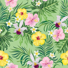 	 Exotic tropical flowers coral hibiscus palm leaves pattern seamless. Jungle vector vintage wallpaper