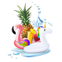 Vector summer pool party tropical leaf flamingo - obrazy, fototapety, plakaty