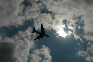 aeroplane in a blue sky with clouds