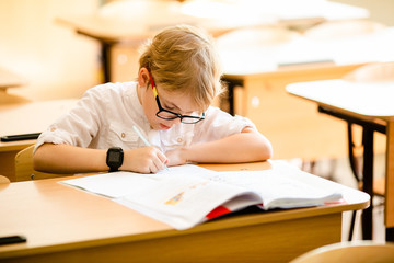 Happy cute clever boy is sitting at a desk in a glasses with raising hand. Child is ready to answer with a blackboard on a background. Ready for school. Back to school