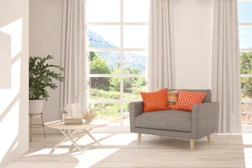 Mock up of stylish room in white color with armchair and green landscape in window. Scandinavian interior design. 3D illustration