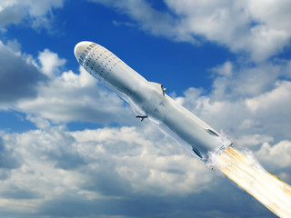 Naklejka na ściany i meble Big rocket flying over blue sky clouds