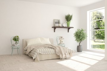 Stylish bedroom in white color. Scandinavian interior design. 3D illustration