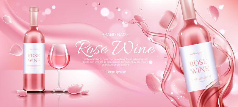 Rose Wine Bottle And Glass Mockup Banner. Closed Flask And Wineglass With Alcohol Vine Drink On Pink Background With Flower Petals And Liquid Splash, Ad Promo Template Realistic 3d Vector Illustration