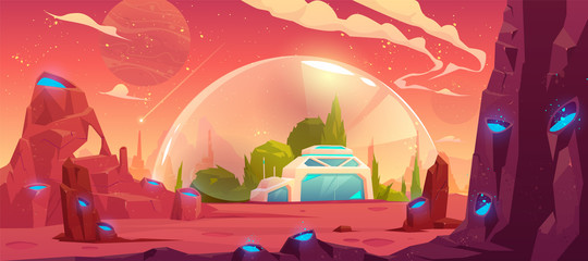 Colonization of planet, space station, bunker, scientific laboratory building under transparent spherical dome on alien fantasy craters landscape background, computer game, cartoon vector illustration © vectorpouch