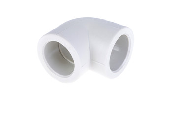 Polypropylene corner on a white background. Plastic pipes. High temperature soldering.